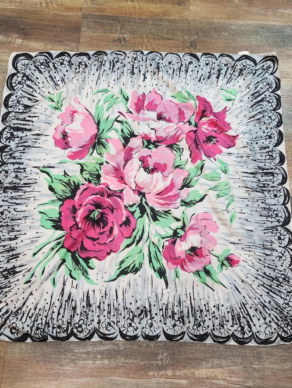 VTG Mid Centuy 100% Silk Scarf 35” Square Pink Floral Rose Peony Lace Print